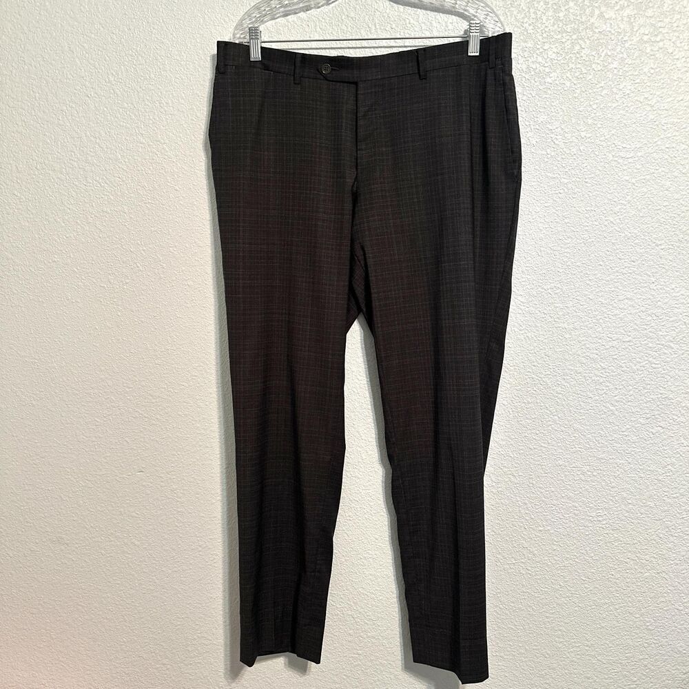 Canali Pants Men Size 36 Dark Gray Tailored Regular Fit Stretch Plaid